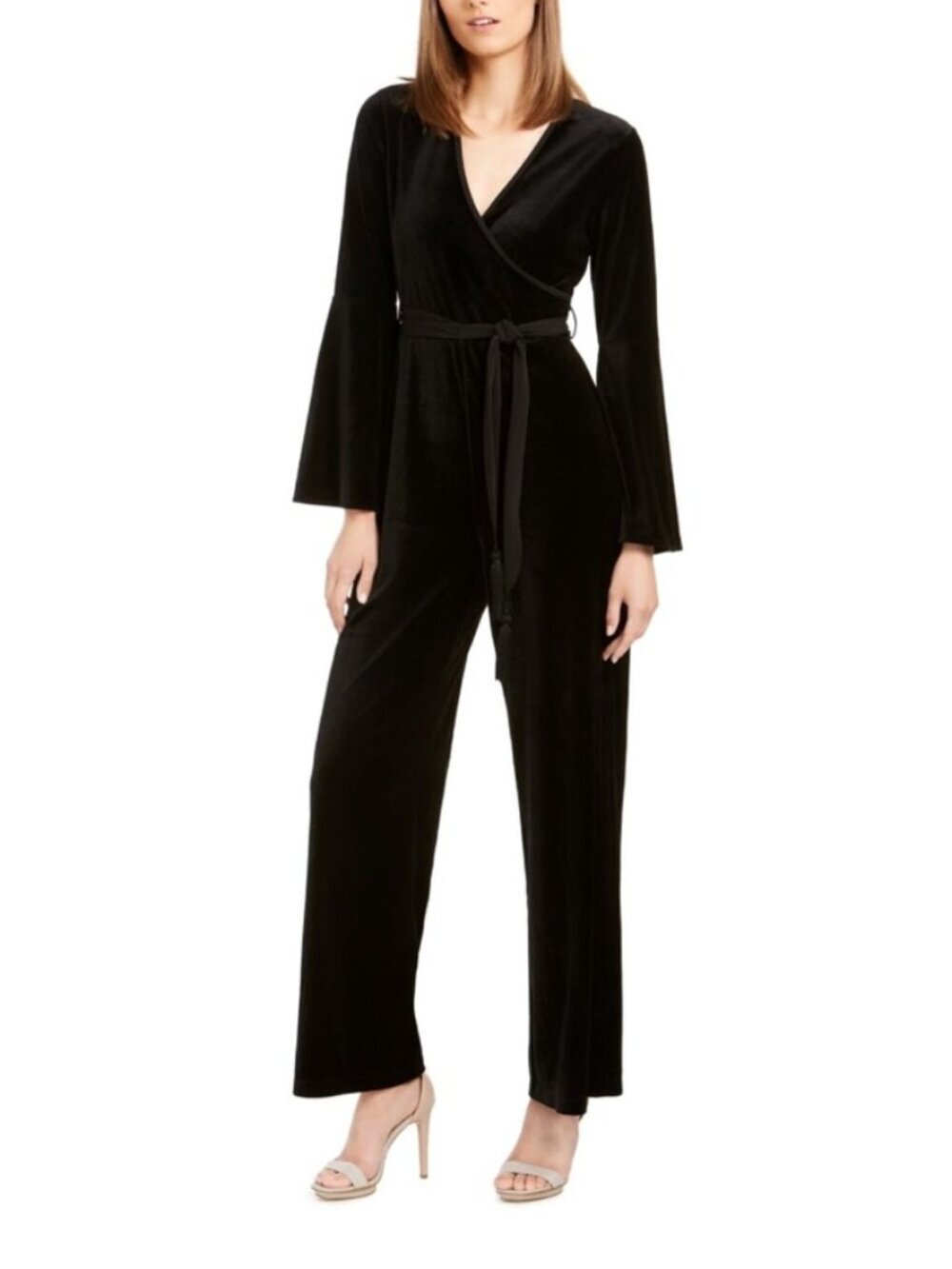 Calvin Klein Black Velvet Wrap Jumpsuit with Tie Waist Size 10